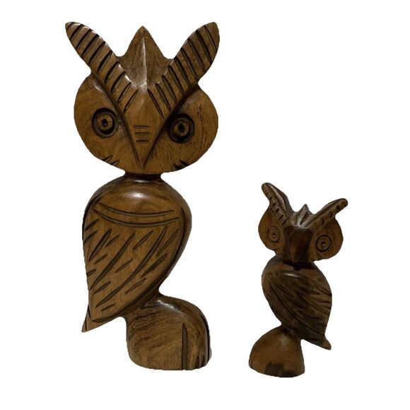 2 Adorable Hand Carved MCM Wood Owl Statue Figurines Unique Weirdo 8” & 5” - Picture 1 of 7